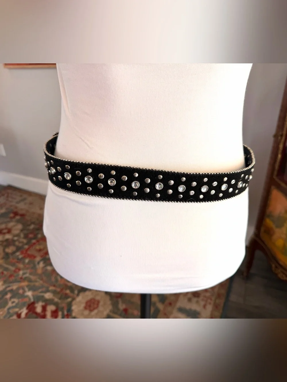 Black Western Rhinestone Studded Belt with Decorative Silver Buckle